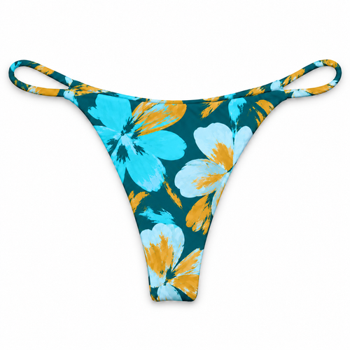 Front view of the MIDORI Cove Cruz thong bikini bottom in teal, turquoise and golden floral print with thin loop sides