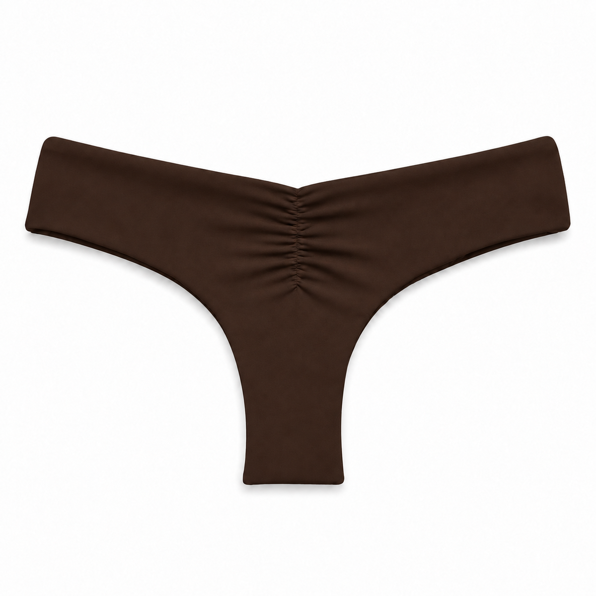 Midori Espresso Brayden bikini bottom, back view showing scrunch-back Brazilian coverage
