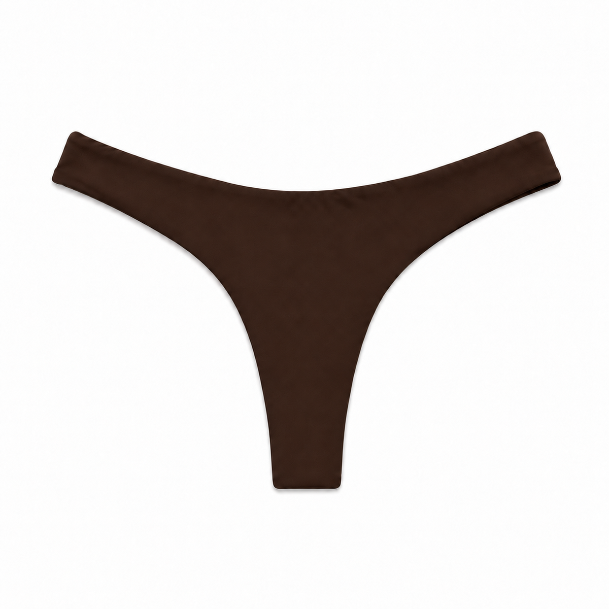Midori Espresso Kai bikini bottom, front view showing thin sides and low-rise cut