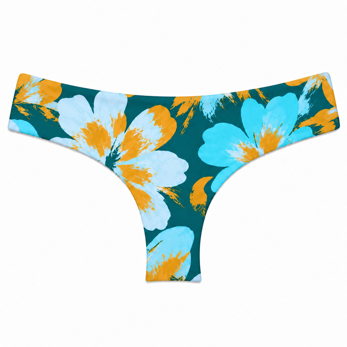 Front view of the Cove Brayden bikini bottom with wide side bands in a deep teal, turquoise and golden tropical floral print