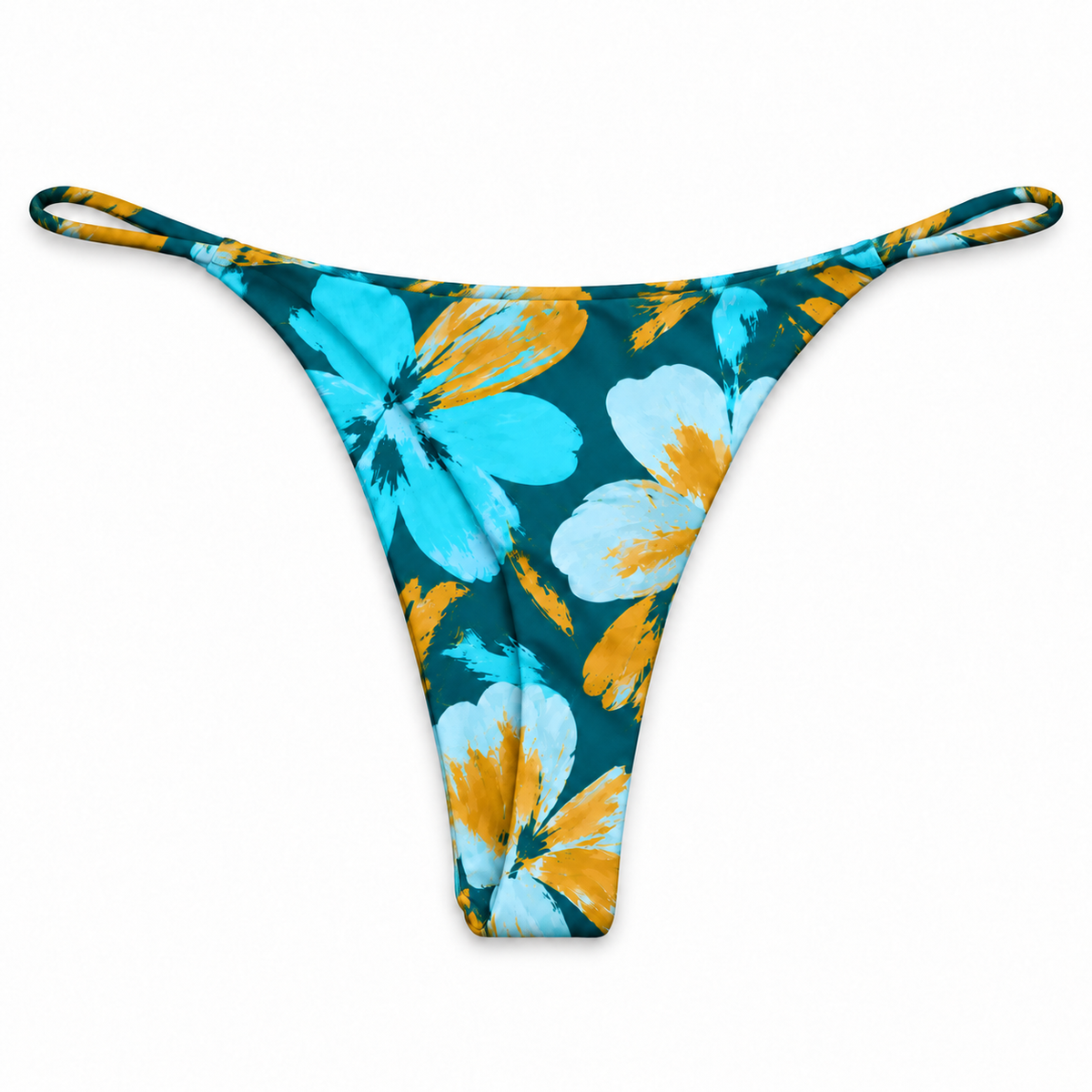 Back view of the MIDORI Cove Cruz thong bikini bottom in teal, turquoise and golden floral print with thin loop sides