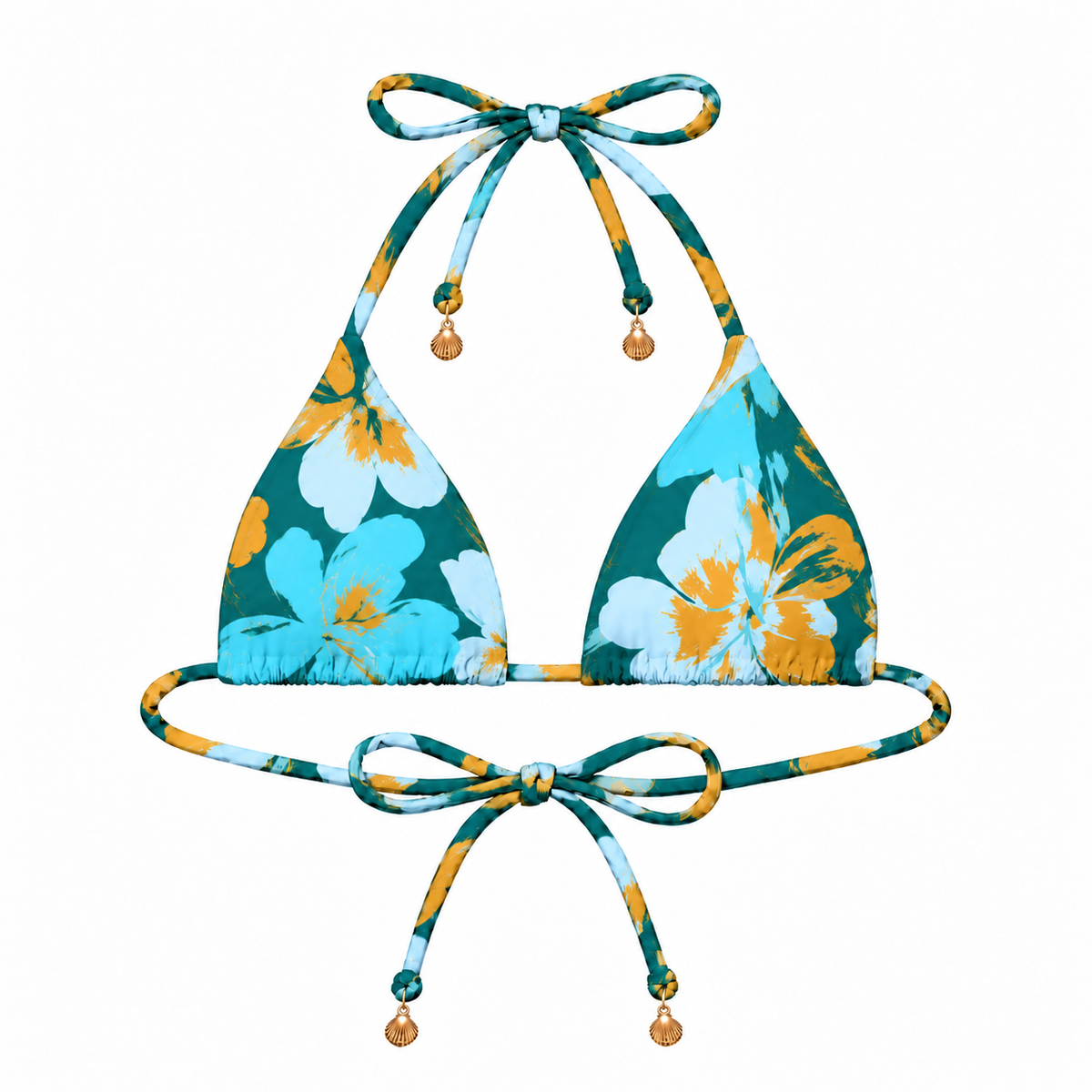 Front view of the Cove Indah triangle bikini top with gold shell charms in a deep teal, turquoise and golden tropical floral print