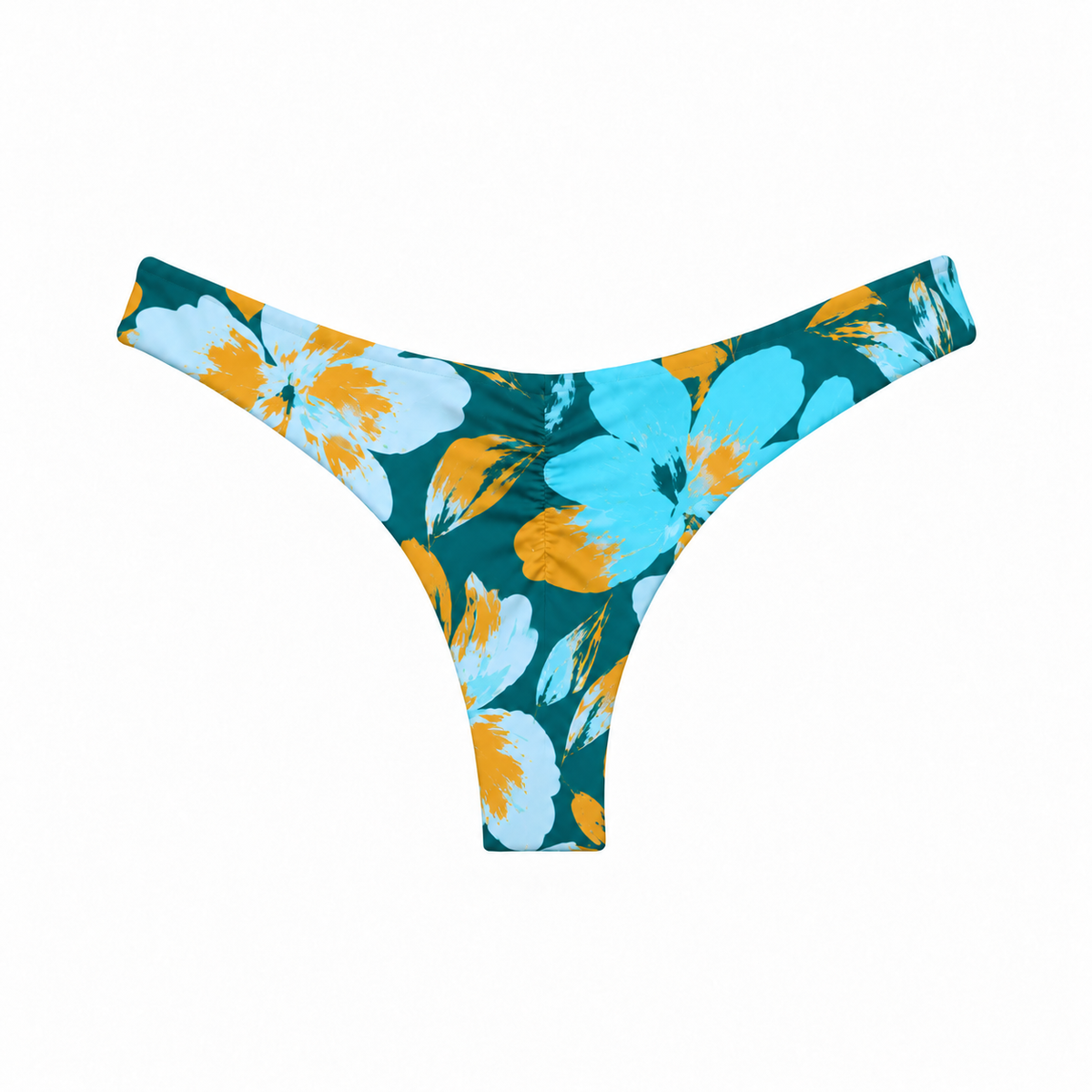 Back view of the Cove Kai bikini bottom with skimpy scrunch-back coverage in a deep teal, turquoise and golden tropical floral print