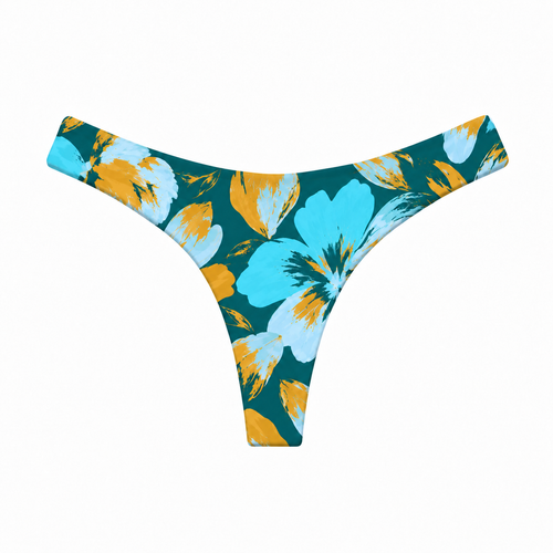 Front view of the Cove Kai bikini bottom in a deep teal, turquoise and golden tropical floral print