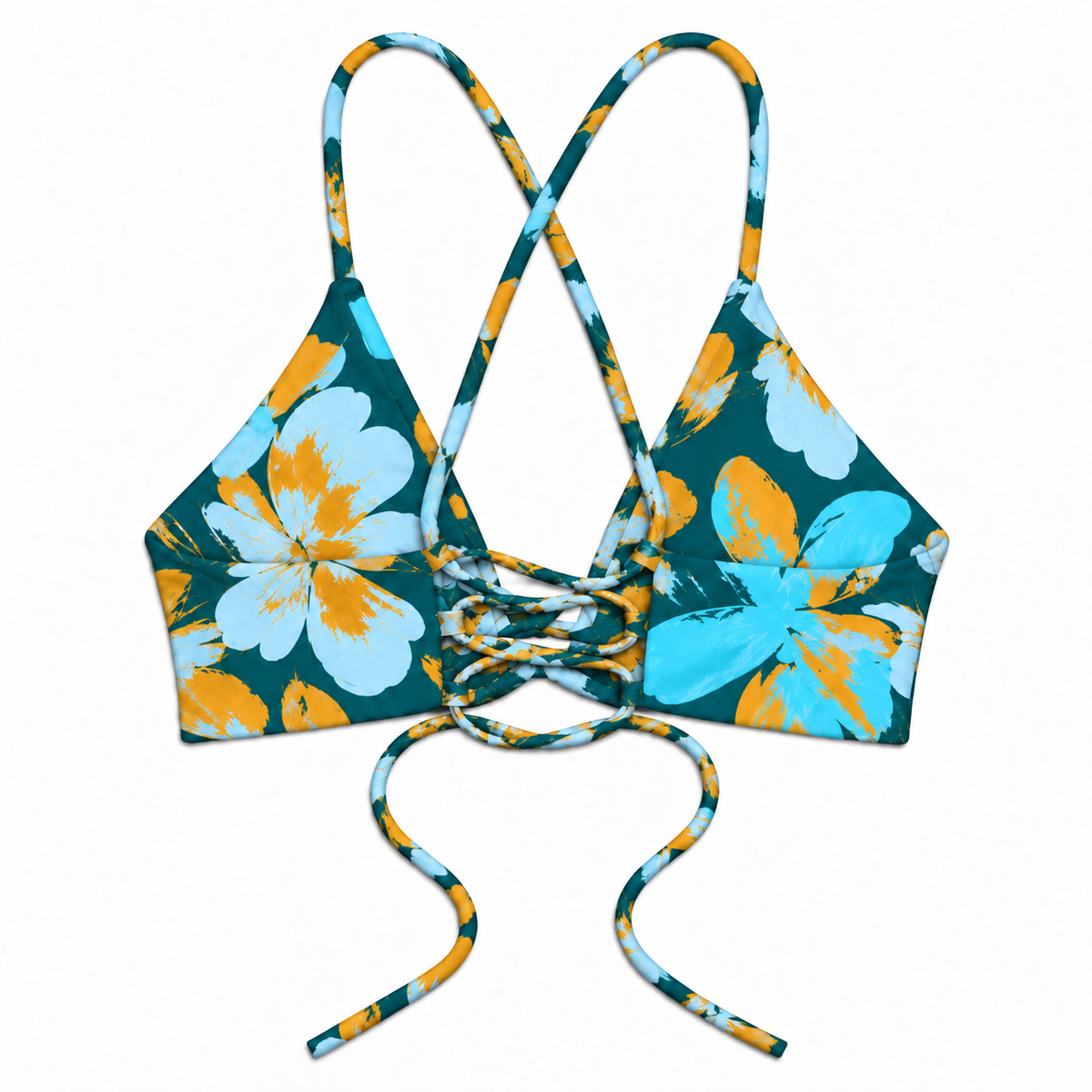 Cove Mia bikini top back in deep teal, turquoise, pale blue and gold floral print with crossback straps and lace-up tie
