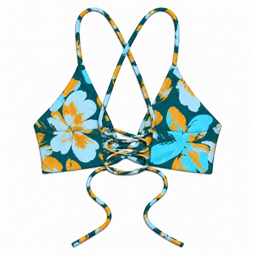 Cove Mia bikini top back in deep teal, turquoise, pale blue and gold floral print with crossback straps and lace-up tie