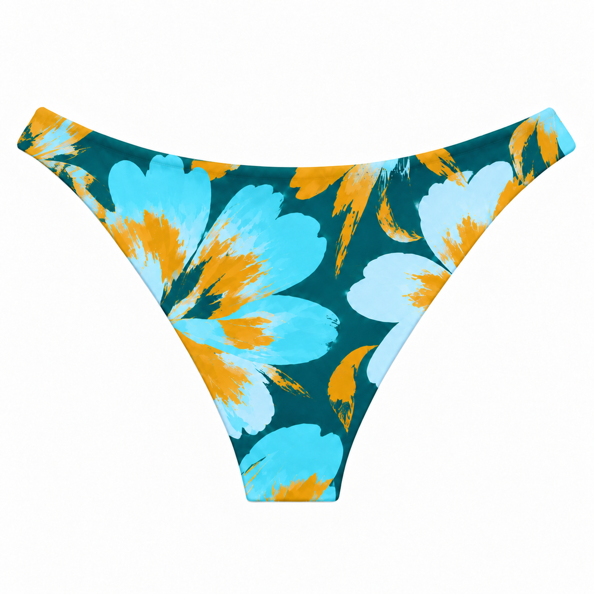 Cove Parker bikini bottom, back view, showing moderate coverage and oversized turquoise and gold flowers on deep teal