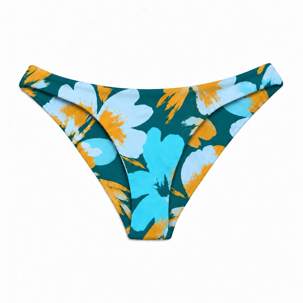 Cove Parker seamless low-rise bikini bottom, front view, in deep teal with oversized turquoise and gold floral print