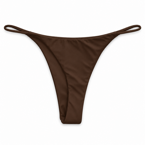 Back view of the MIDORI Espresso Cruz thong bikini bottom in chocolate brown with thin loop sides