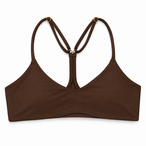 Espresso Lenny bikini top front in solid chocolate brown with a smooth scoop neckline and adjustable shoulder straps