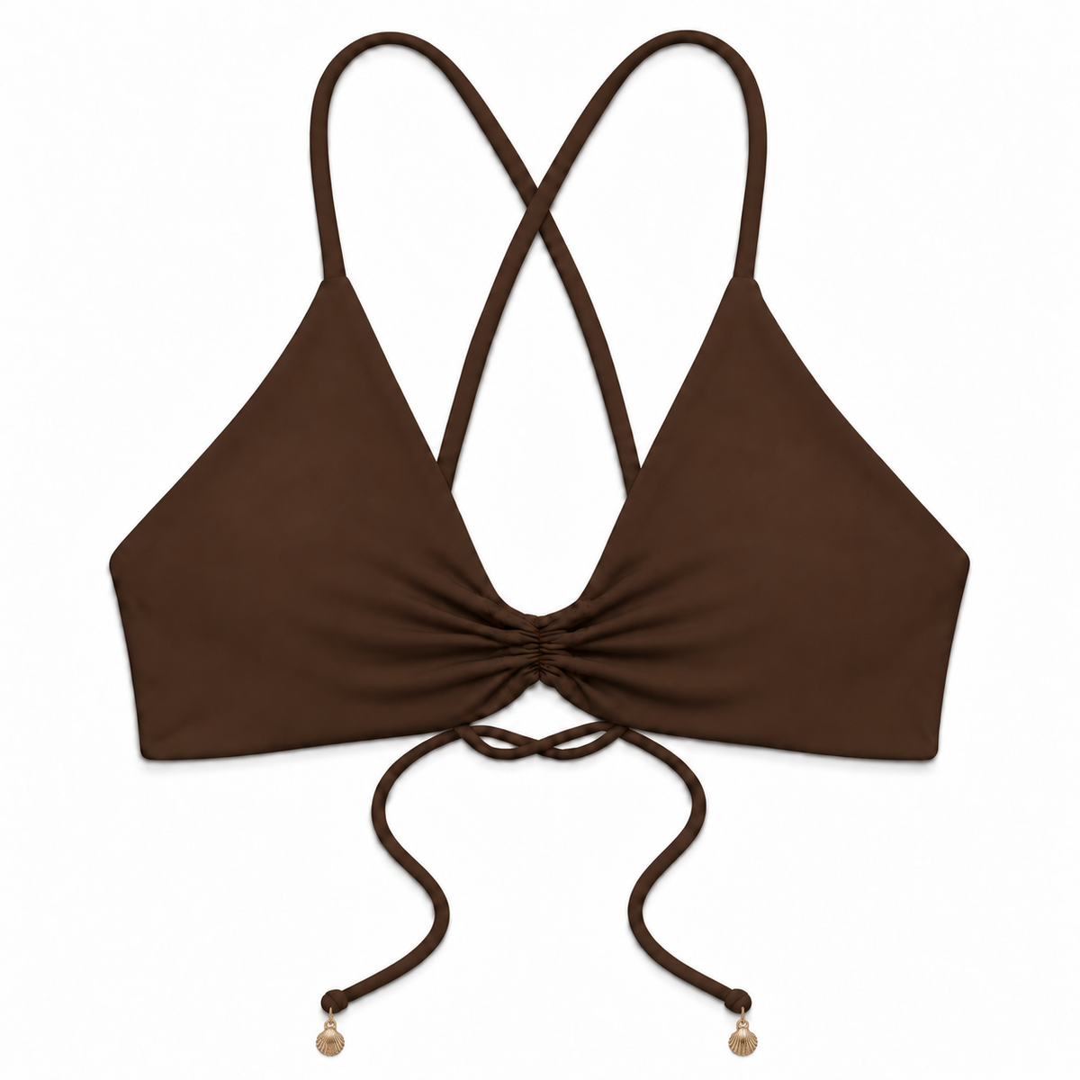Espresso Mia bikini top front in chocolate brown with gathered neckline, adjustable ties and tiny gold shell charms