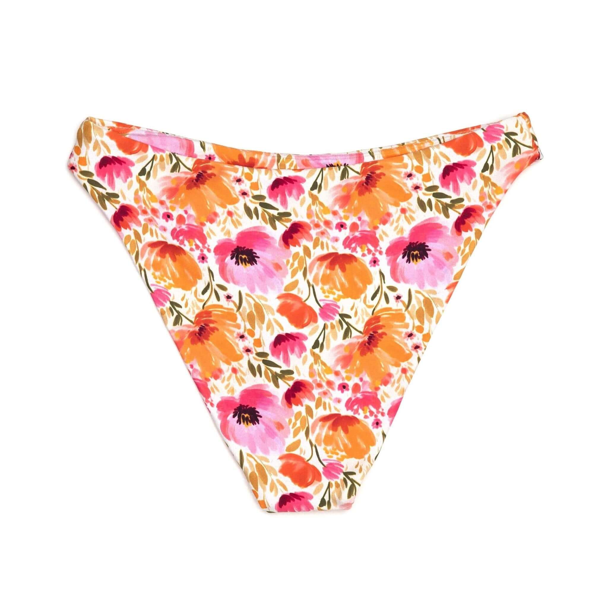 Pink and Coral Floral Print Tanner Bikini | Almost Full Coverage Swim Bottom Midori Bikinis