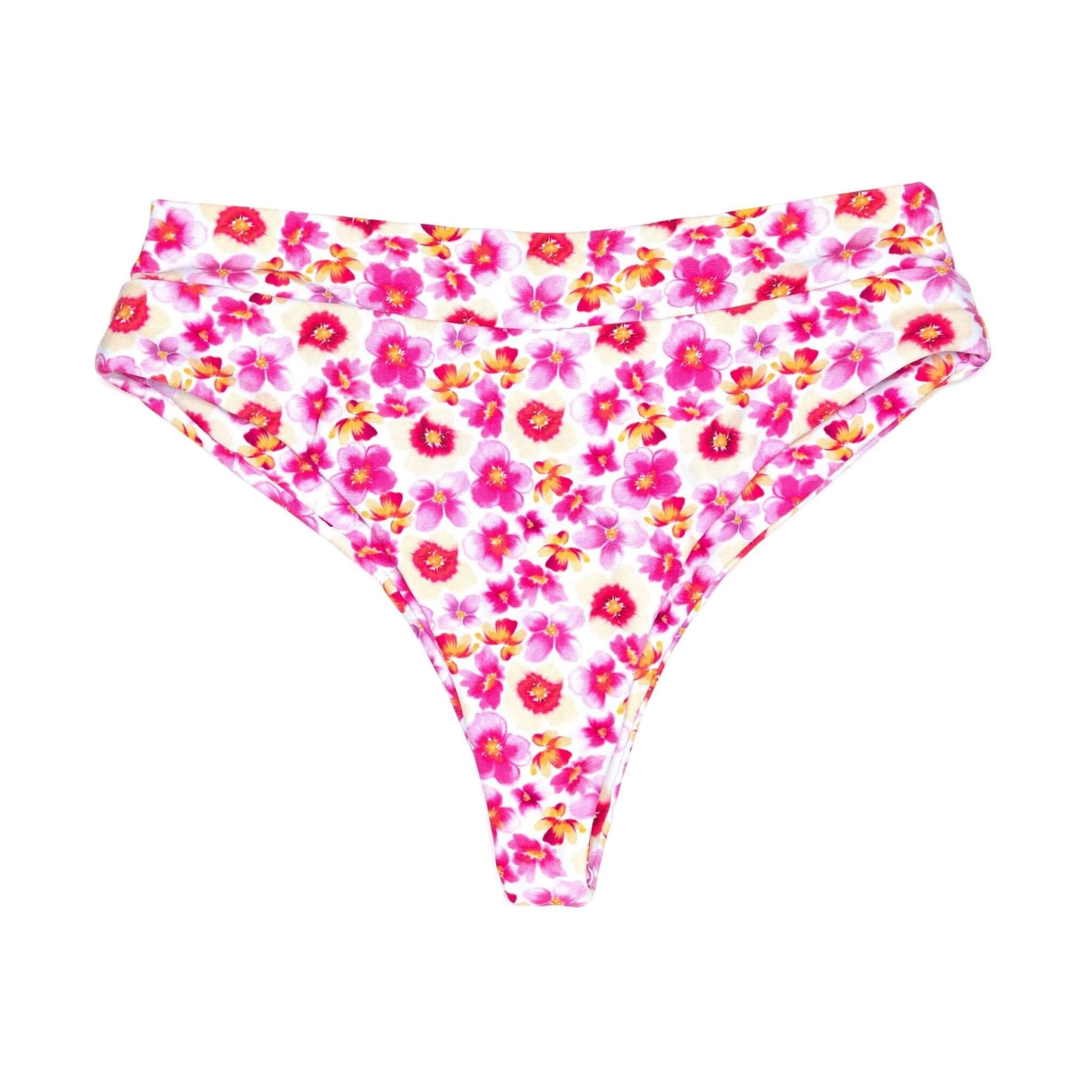 Pink and Yellow Plumeria Print Swim | Mid-Waisted Noah Bikini Bottoms Midori Bikinis