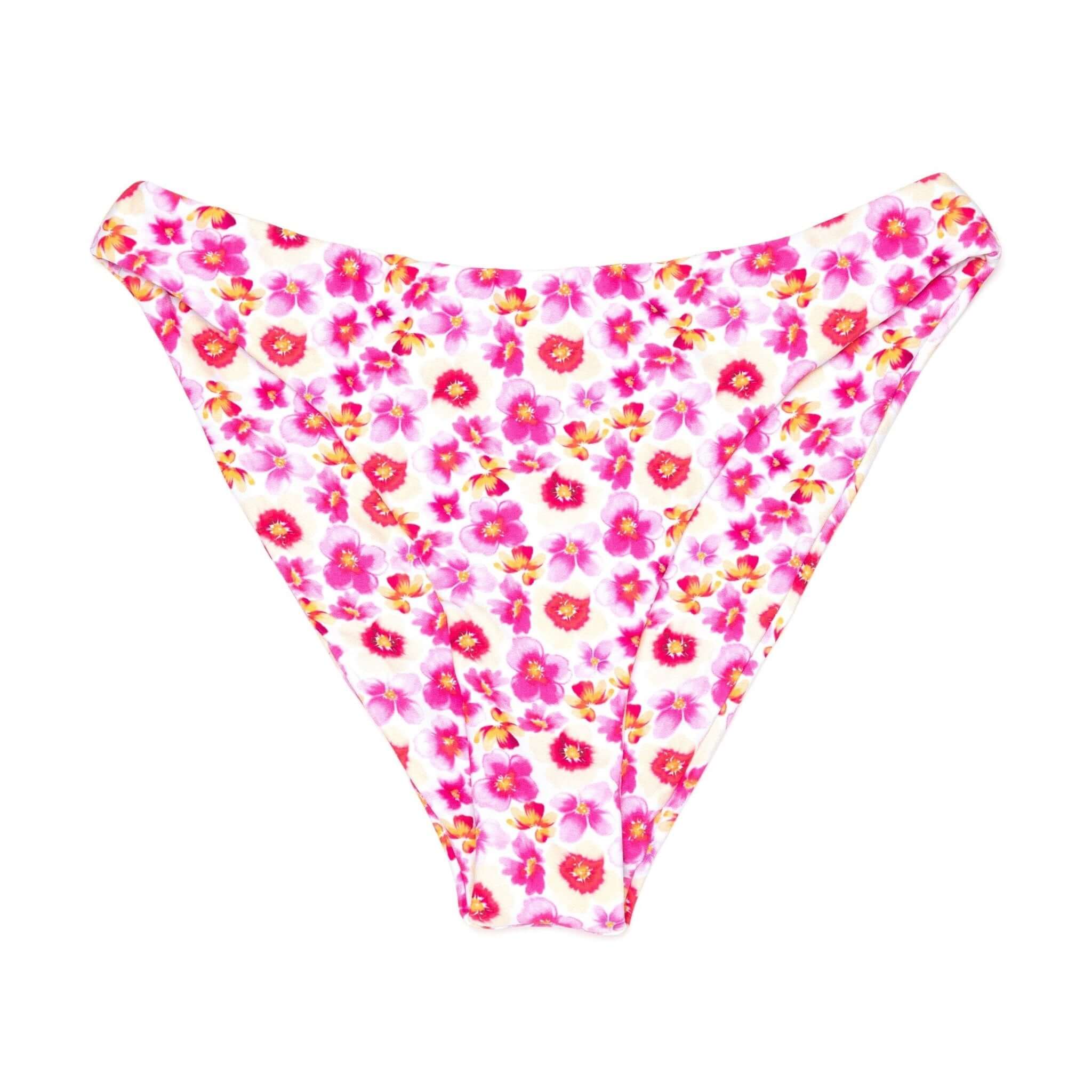 Pink and Yellow Plumeria Floral Bikini Bottom | Almost Full Coverage Swim Midori Bikinis